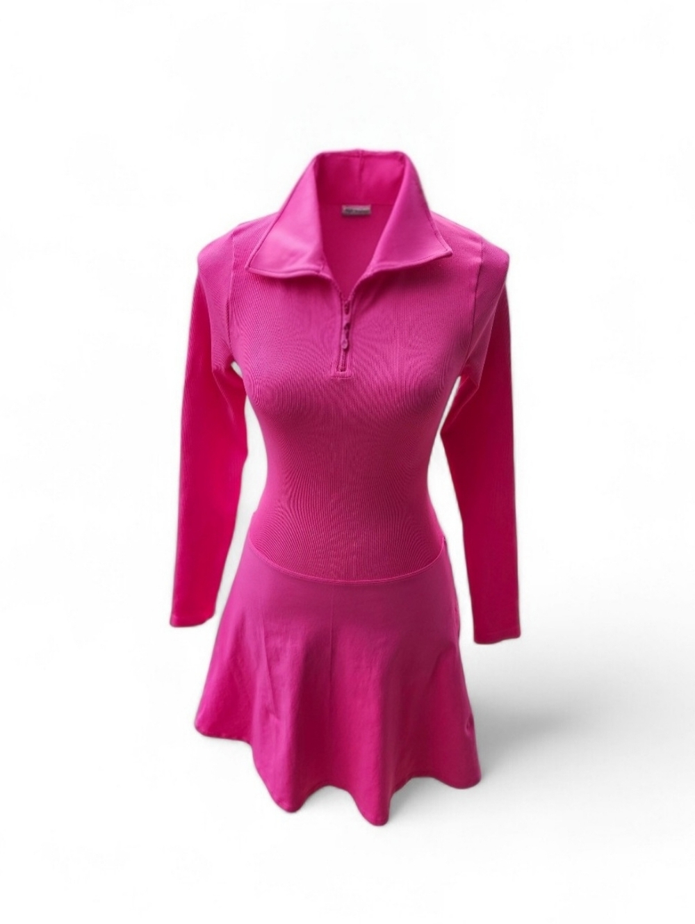 Zip-Collar Long-Sleeve Mini Dress in Bright Pink